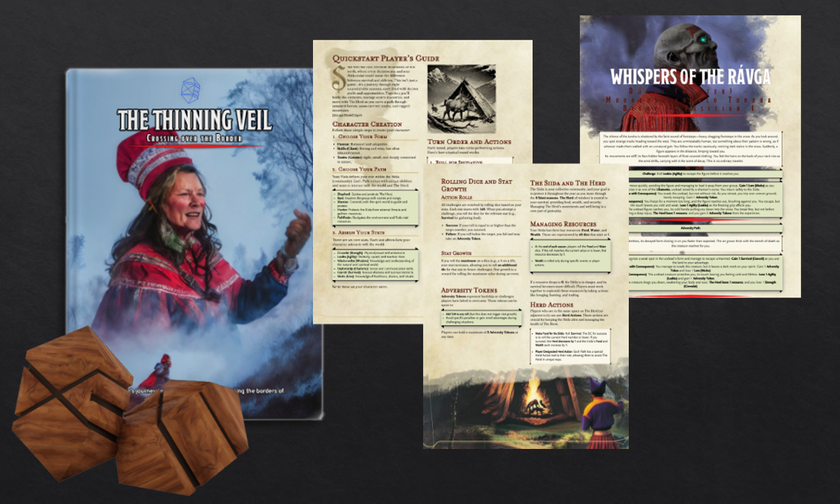 Sámi Tabletop Roleplaying Game pages depicting rules, images, and text generated using cultural inputs from fine-tuned models. The layouts are made using Homebrewery, and thus have a similar appearance to pages in a Dungeons and Dragons roleplaying game rulebook.