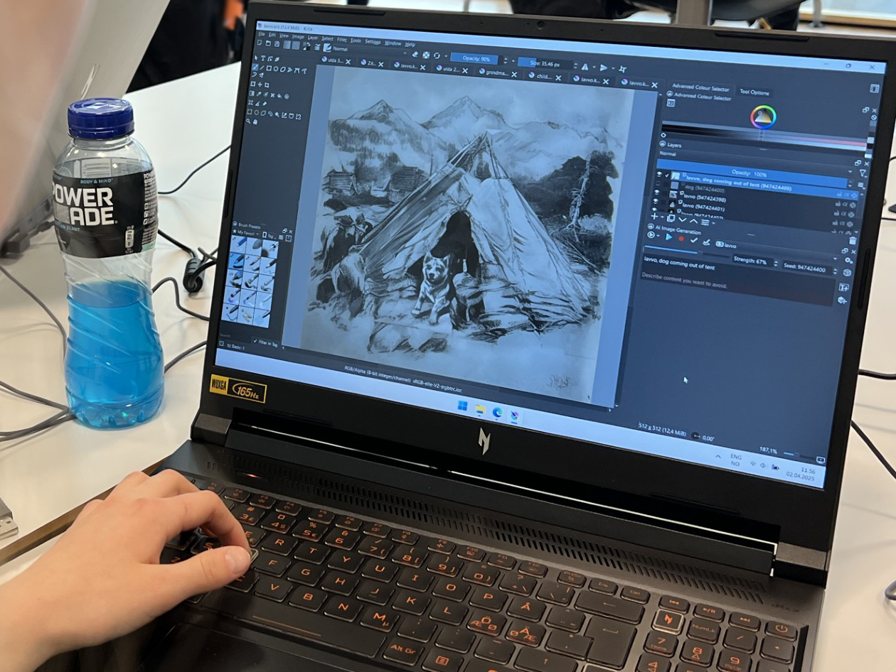 A young student sitting at a laptop with a drawing program on the screen depicting a traditional Sámi dwelling, or lavvo, digitally drawn in a charcoal on paper-like aesthetic. The image was co-created by the student's drawing and assisted with fine-tuned generative AI models.
